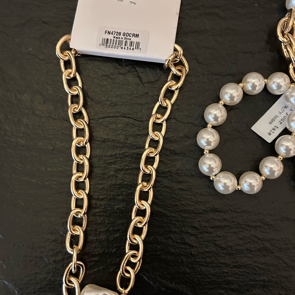 Gold Chain Necklace and Bracelet Set with Pearl Accents - 18k dipped - Picture 2 of 5